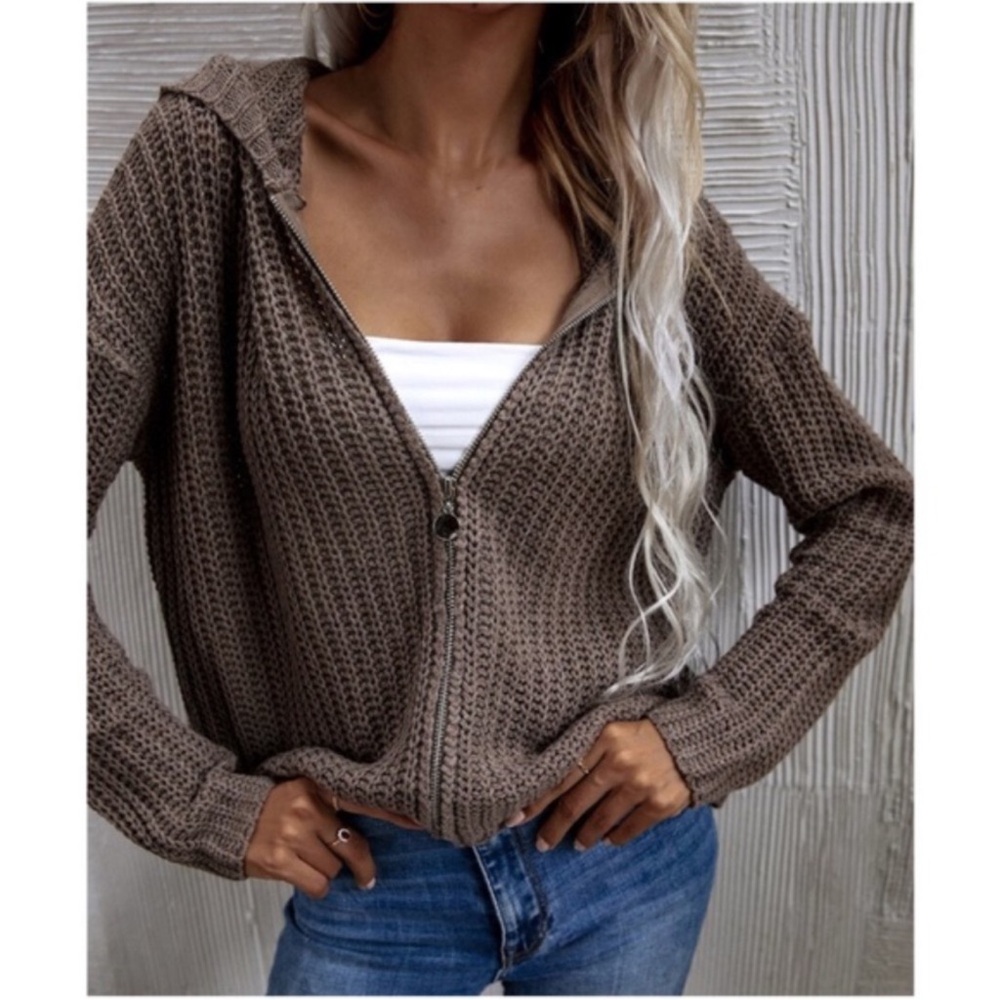 Brown Mocha Oversized Hoodie Cardigan Knit XS S M L XL